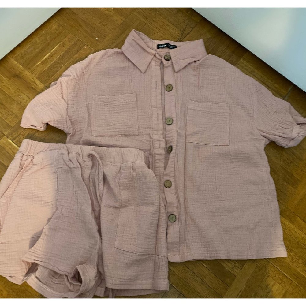 Shein Crinkle Cotton Pink Top and Short Pajama Set Size Small